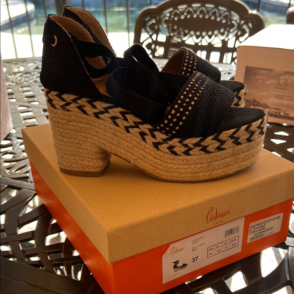 Castaner Black and Beige Espadrille Wedges